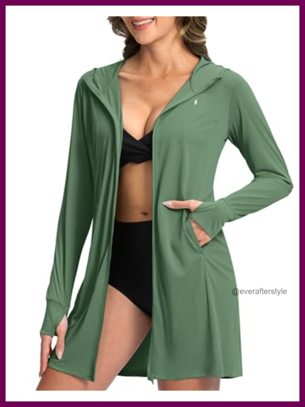 UPF 50+ Swim Cover Up Long Zip Hoodie Sun Protection Jacket Thumb Holes Pockets